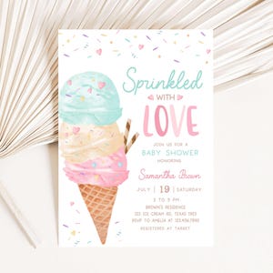 Bearbeitbare Eis-Babyparty-Einladung, besprüht mit Liebe Sommer-Babyparty-Einladung, Eis-Kegel-Schaufel-Babyparty-Einladung 01074