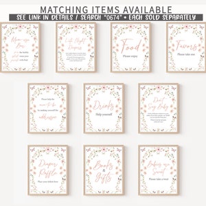 Op de afbeelding: Een set van 10 afdrukbare borden voor een babyshower. De borden zijn versierd met roze bloemen en vlinders. De borden omvatten: Mama-to-be Bar, Life Night Diapers, Food, Favors, Please help the mom-to-be by making yourself the address, Drinks, Don't Say Baby, Diaper Raffle, Books & Gifts, and Babies are Sweet.