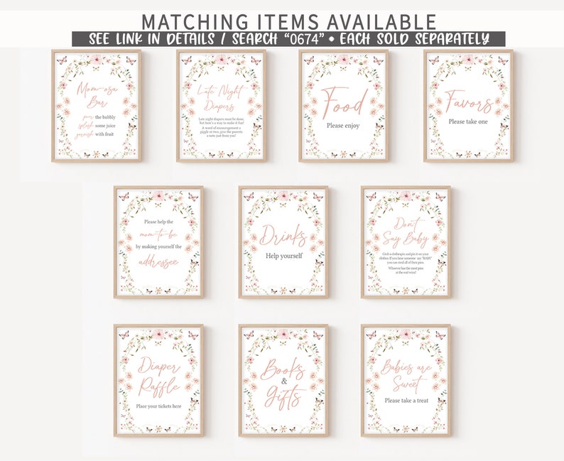 Op de afbeelding: Een set van 10 afdrukbare borden voor een babyshower. De borden zijn versierd met roze bloemen en vlinders. De borden omvatten: Mama-to-be Bar, Life Night Diapers, Food, Favors, Please help the mom-to-be by making yourself the address, Drinks, Don't Say Baby, Diaper Raffle, Books & Gifts, and Babies are Sweet.