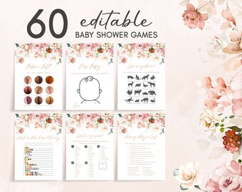 Bearbeitbares Baby in Bloom-Babyparty-Spielepaket, Rosa Blumen-Babyparty-Spielpaket, Wildblumen-Babyparty-Druckvorlage 0389