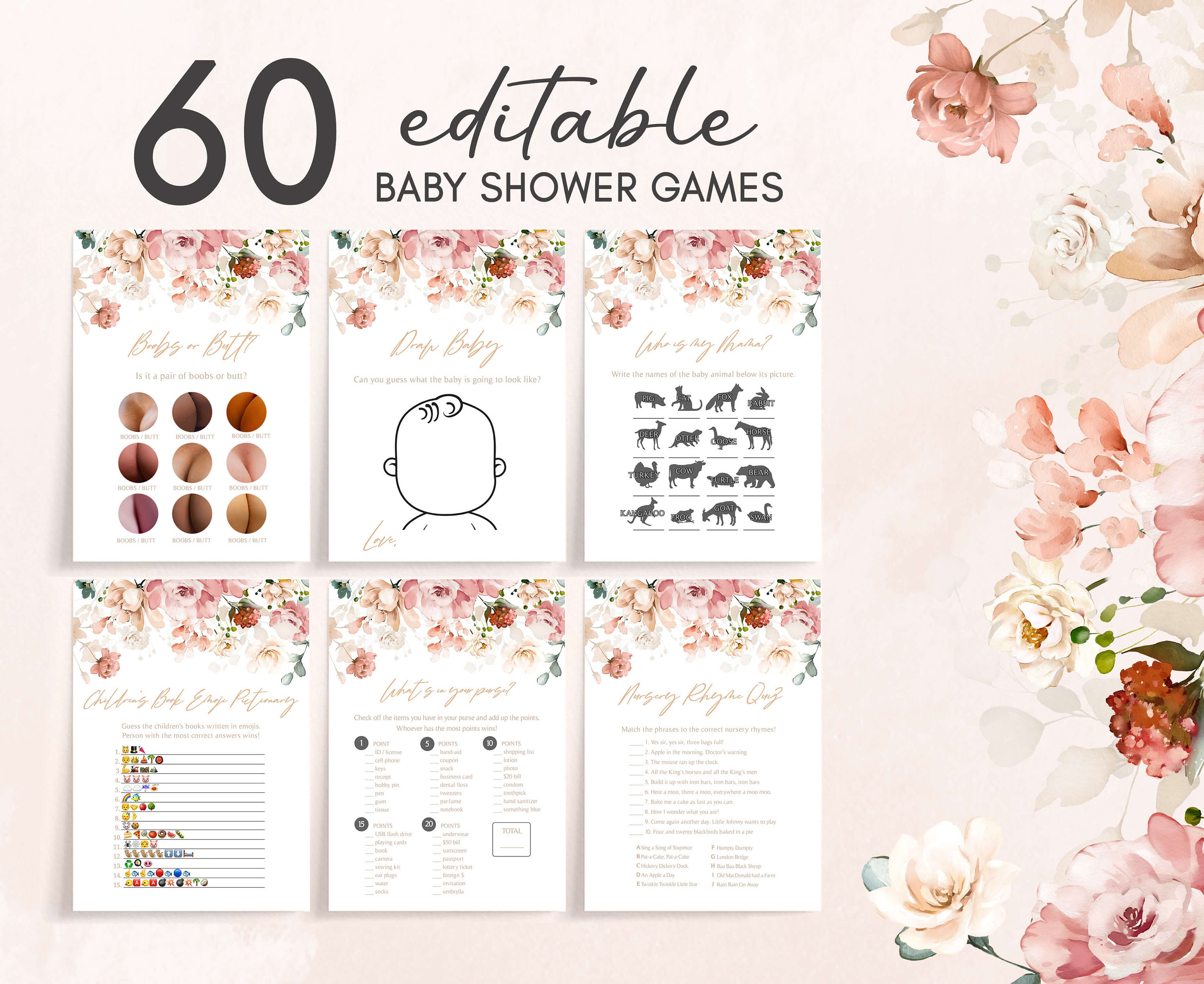 Giochi Per Baby Shower Rosa Cipria - 5 In 1 Per 10 Giocatori | BlushPinkBS5in1