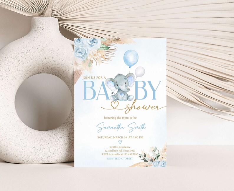 Editable Boho Elephant Baby Shower Invitation, Boy Blue Elephant Baby Shower Invite, Blue Floral Pampas Grass Boy Baby Shower Invite, 0618 image 1