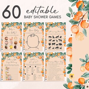 Editable Greenery Orange Baby Shower Games Bundle, A Little Cutie Is On The Way Baby Shower Game Pack, Citrus Baby Shower Game Template 0801