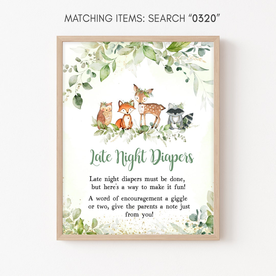 Late Night Diapers Sign Woodland Baby Shower, Greenery Woodland Animals ...