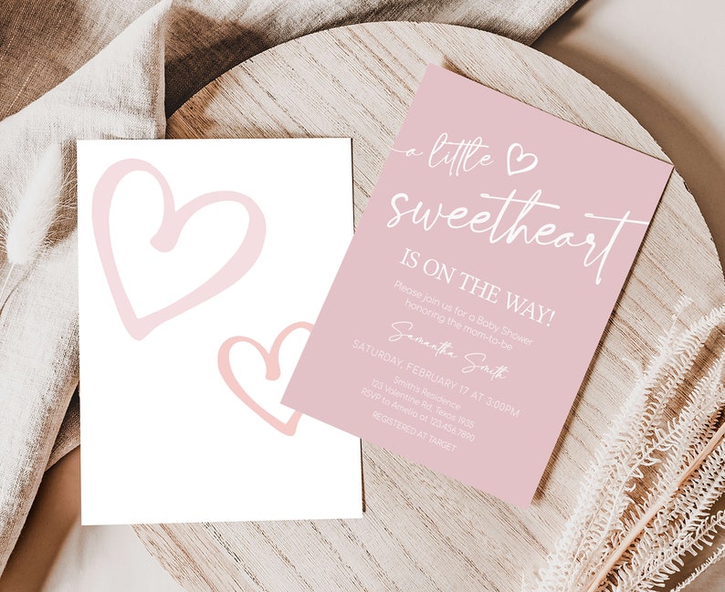 Editable Valentine Baby Shower Invitation Bundle, Minimalist Heart Baby Shower Invite Set, Pink A Little Sweetheart Baby Shower Invite 0596 image 2