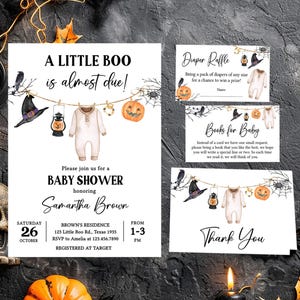 Edytowalny zestaw zaproszeń na baby shower z napisem „A Little Boo is Almost Due”, zaproszenie na baby shower z ubrankami dla dzieci, zaproszenie na halloweenowe baby shower, 0915