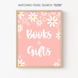 Placa de livros e presentes para chá de bebê com margaridas, placa de mesa para presentes de chá de bebê boho, modelo retrô margarida groovy para festa boho modelo para impressão 0230