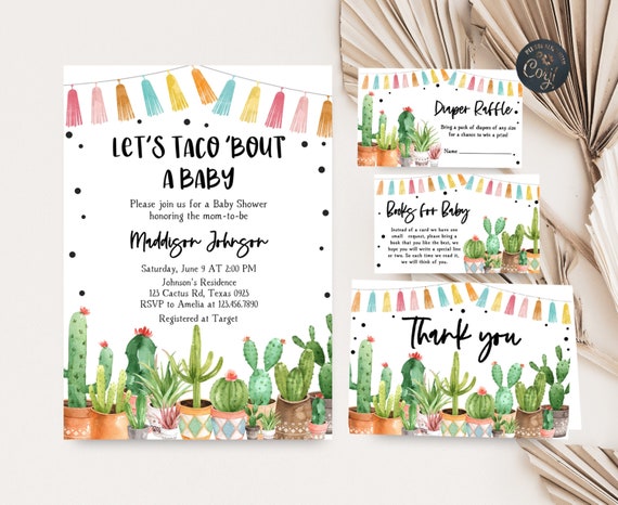 Editable Fiesta Cactus Baby Shower Invitation Set Taco Bout Baby Invitation Bundle Mexican Baby Shower Invite Succulent Printable 0187