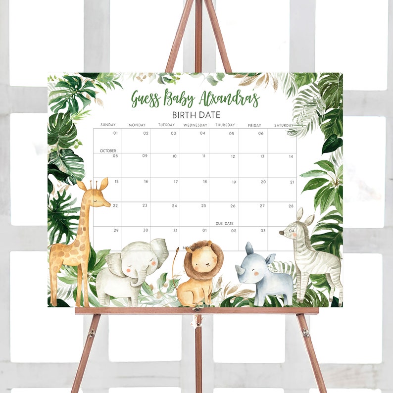 May include: A baby shower calendar on an easel, featuring a jungle theme. The calendar includes a birth date section and a calendar grid for October. Adorable watercolor illustrations of a giraffe, elephant, lion, rhino, and zebra are included.