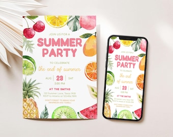 Editable End of Summer Party Invitation, Back to School Pool Party Invite, Hello Summer Party Invite, Tropical Fruits Summer Invite, 92SE