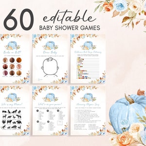 Editable Fall Blue Pumpkin Baby Shower Games Bundle, Boy Little Pumpkin Baby Shower Game Pack, Fall Floral Pumpkin Baby Shower Games, 0502