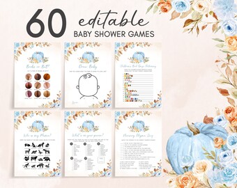 Redigerbara höstlekpaket med blå pumpa och babyshower, spelpaket med liten pumpa och pojke, babyshowerspel med höstblommor och pumpor, 0502