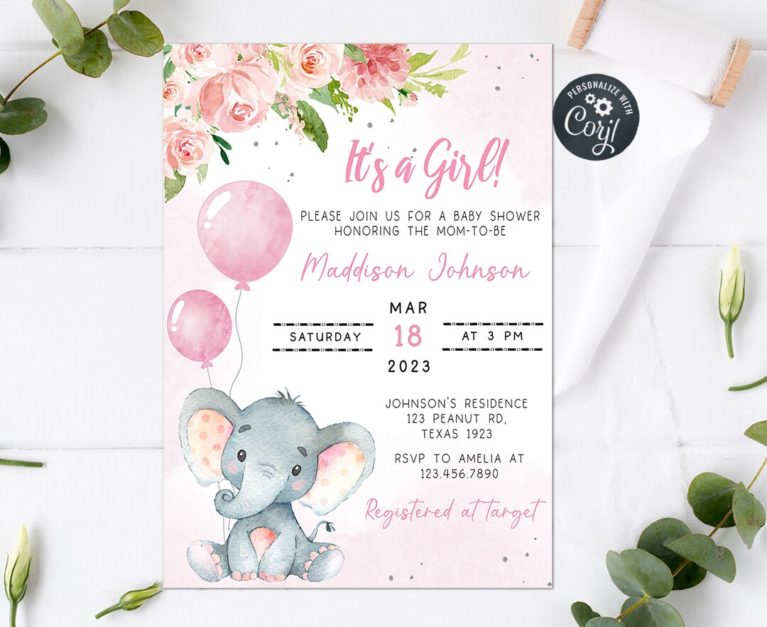 Editable Blush Pink Elephant Baby Shower Invitation, Girl Baby Elephant ...