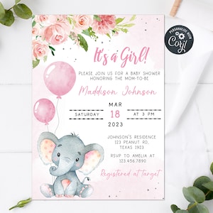 Editable Blush Pink Elephant Baby Shower Invitation, Girl Baby Elephant Invitation, Pink Floral Baby Shower Invite Printable Template 0233