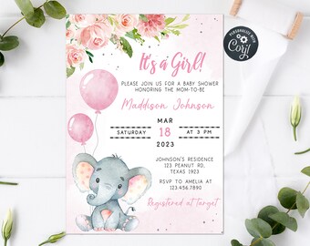Op de afbeelding: Een roze en witte babyborrel uitnodiging met een aquarel bloemenontwerp en een schattige grijze olifant die roze ballonnen vasthoudt. De tekst luidt "Het is een meisje!" en bevat de naam "Maddison Johnson", de datum "18 maart 2023" en de tijd "15:00 uur".