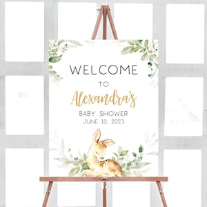 Bearbeitbares Greenery Deer Babyparty Willkommensschild, Hirsch Wald Babyparty Willkommensschild, Oh Deer Waldtier Willkommensschild Vorlage 0370
