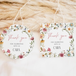Petite étiquette de cadeau d'anniversaire ronde fleurs sauvages, étiquette de cadeaux de fête fleurs sauvages, étiquette florale de remerciement pour le premier anniversaire, étiquette de garden-party, 39BD