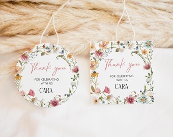 Editable Little Wildflower Birthday Round Favor Tag, Wildflower Party Gifts Tag, Floral First Birthday Thank You Tag, Garden Party Tag, 39BD
