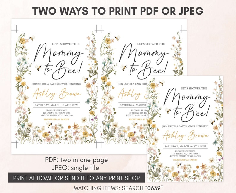 Editable Bee Baby Shower Invitation, Mommy to Bee Gender Neutral Baby Shower Invite, Wildflower Bee Baby Shower Invitation Template, 0639 image 3