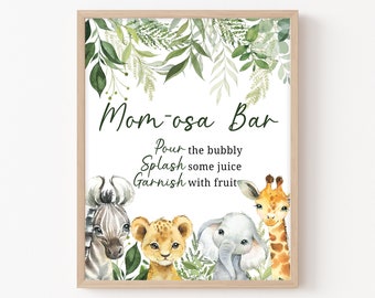 Momosa Bar Sign Jungle Baby Shower Safari Animals Baby Shower Mom-osa Sign Safari Printable Sign Greenery Shower Decoration Template 0179