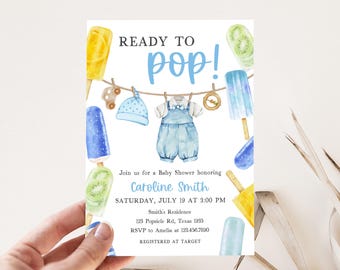 Editable She's Ready to Pop Baby Shower Invitation, Summer Popsicle Baby Shower Invitation, Blue Popsicle Sweets Baby Shower Invite. 01076