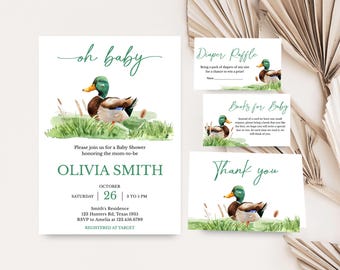 Editable Mallard Duck Baby Shower Invitation Bundle, Mallard Baby Shower Invite Set, Oh Baby Duck Hunting Boy Baby Shower Invitation, 0966