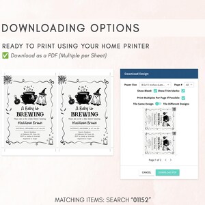 The image is a screenshot of a digital design interface that allows users to print their designs using a home printer. The interface displays options for printing as a PDF, multiple per sheet, and the ability to download the printed pages.
