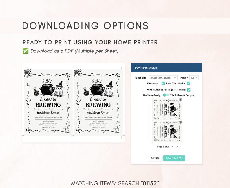 The image is a screenshot of a digital design interface that allows users to print their designs using a home printer. The interface displays options for printing as a PDF, multiple per sheet, and the ability to download the printed pages.