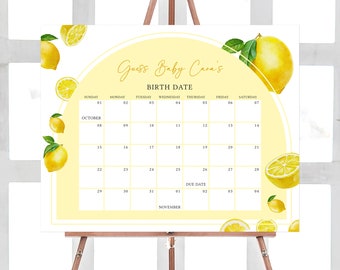 Bewerkbare citroen babyshower vervaldatum kalender, Sweet Little One limonade babyshower kalender, genderneutraal citrus babyshower spel, 0719