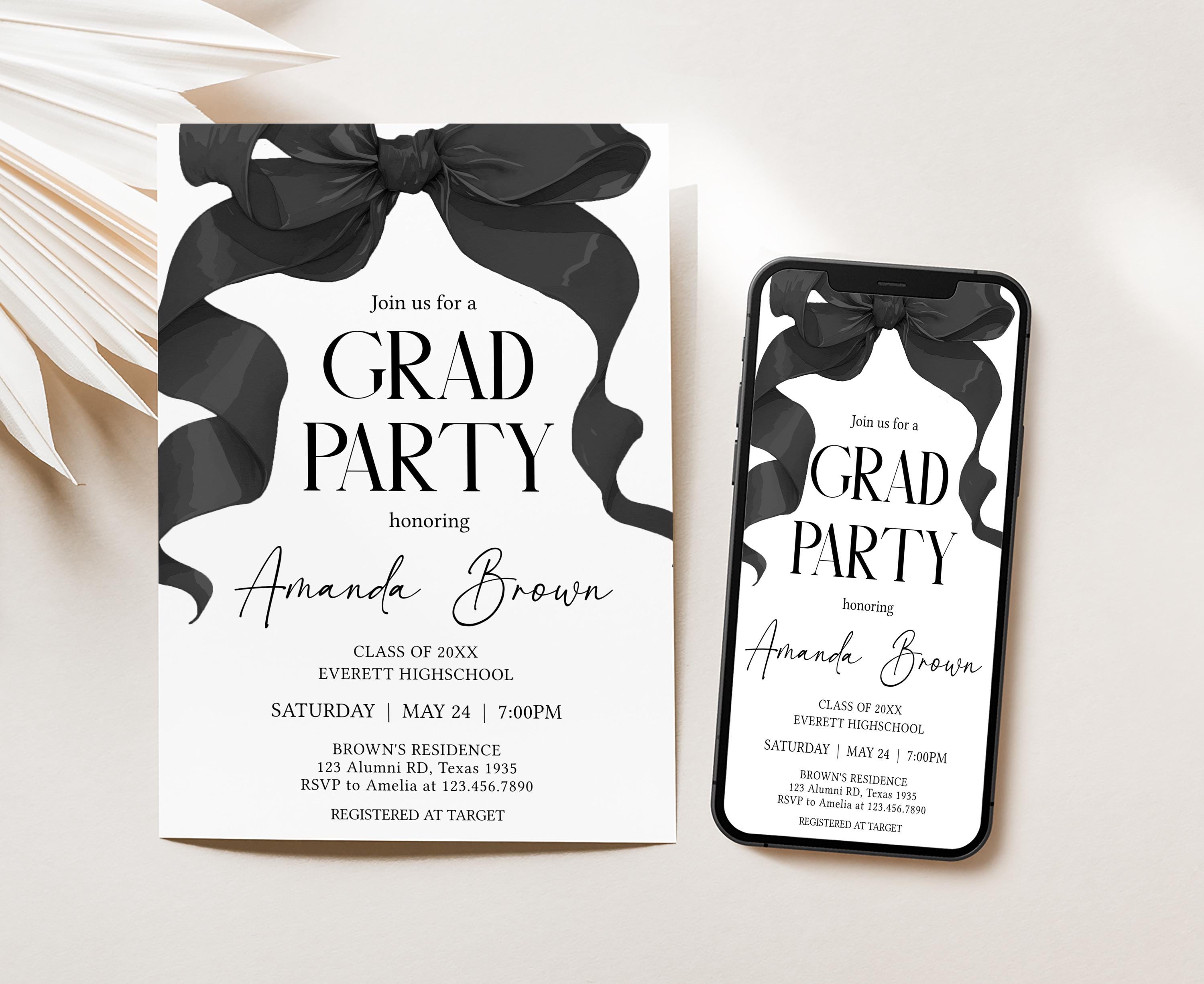 Editable Black Bow Graduation Party Invitation, Grad Announcement Invite, Modern Graduation Invite, Coquette Bow Grad Party Invite, 79SE