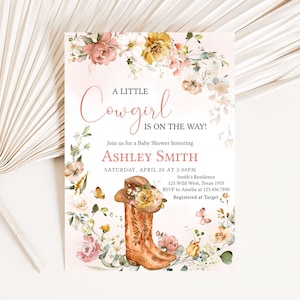Editable Floral Cowgirl Baby Shower Invitation, Pink Cowgirl Boots Baby Shower Invite, Little Cowgirl Wild West Baby Shower Invite, 0726