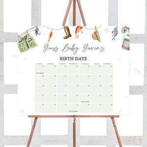 Bearbeitbarer Angeln-Babyparty-Fälligkeitsdatumskalender, Reel-Fischen-Nautik-Babypartykalender, Ein kleiner Fischer auf dem Weg-Babyparty, 0835