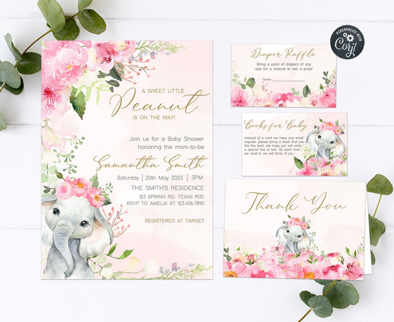 May include: A pink and green baby shower invitation with a cute elephant illustration and floral accents. The invitation reads "A Sweet Little Peanut is on the way!" and includes the name Samantha Smith, the date and time of the shower, and the location. It also includes a diaper raffle and books for baby cards.