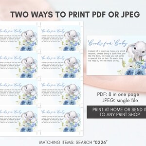 K&ouml;nnte beinhalten: Druckbare Babyparty-Anforderungs-Karten mit einer niedlichen Aquarell-Illustration eines Baby-Elefanten mit blauen Blumen. Der Text lautet "B&uuml;cher f&uuml;r Baby. Anstelle einer Karte haben wir eine kleine Bitte, bitte bring ein Buch mit, das du am liebsten magst, wir hoffen, dass du eine besondere Zeile oder zwei schreibst. So denken wir jedes Mal, wenn wir es lesen, an dich."