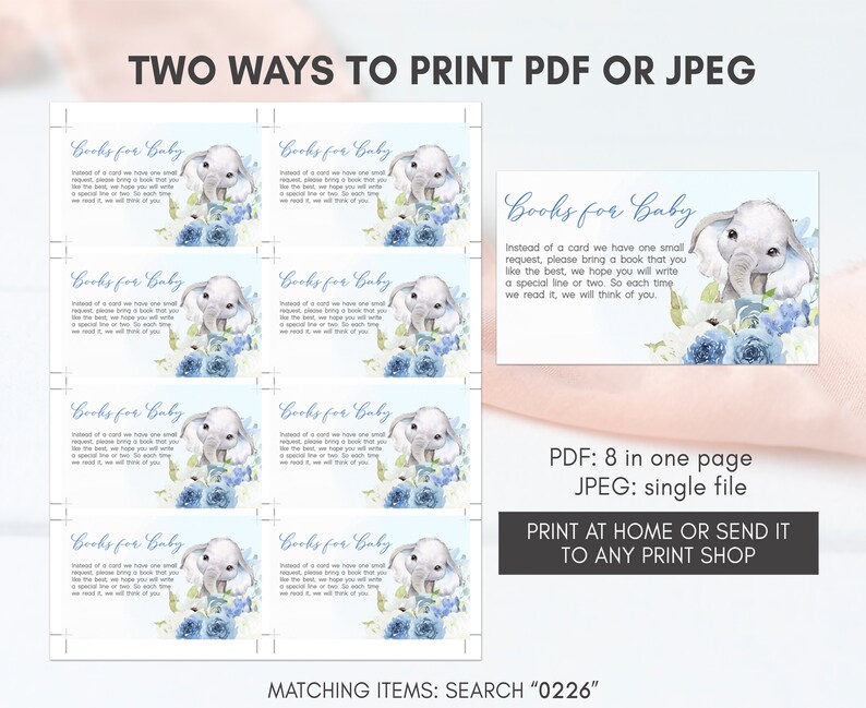 K&ouml;nnte beinhalten: Druckbare Babyparty-Anforderungs-Karten mit einer niedlichen Aquarell-Illustration eines Baby-Elefanten mit blauen Blumen. Der Text lautet "B&uuml;cher f&uuml;r Baby. Anstelle einer Karte haben wir eine kleine Bitte, bitte bring ein Buch mit, das du am liebsten magst, wir hoffen, dass du eine besondere Zeile oder zwei schreibst. So denken wir jedes Mal, wenn wir es lesen, an dich."