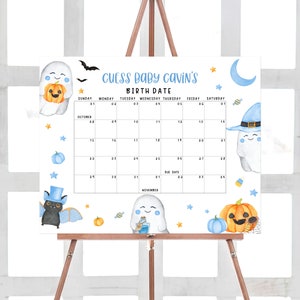 編集可能な「A Little Boo」ベビーシャワー出産予定日カレンダー、ブルーハロウィンベビーシャワーカレンダー、男の子のゴーストハロウィン誕生日予測ゲーム0459 画像 1