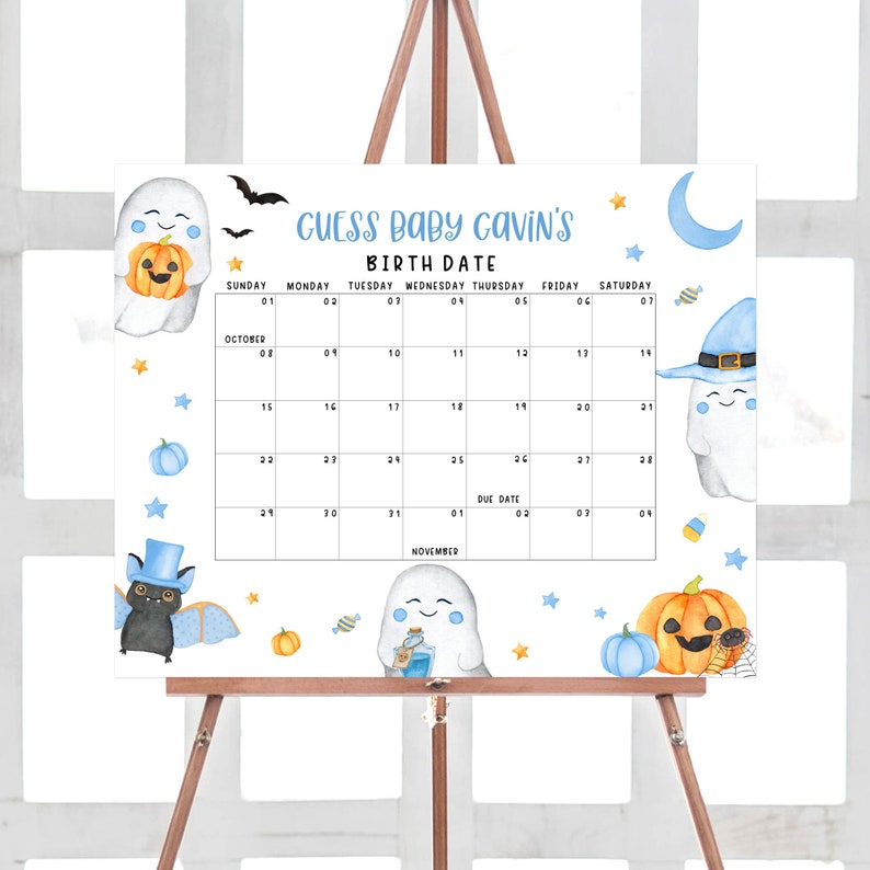 編集可能な「A Little Boo」ベビーシャワー出産予定日カレンダー、ブルーハロウィンベビーシャワーカレンダー、男の子のゴーストハロウィン誕生日予測ゲーム0459 画像 1