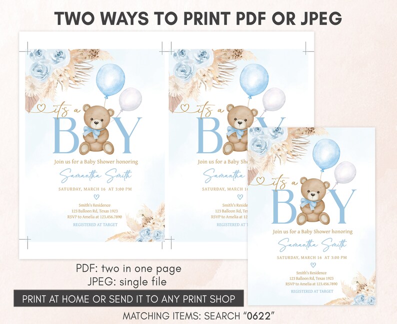 Editable Blue Pampas Grass Boy Boho Bear Baby Shower Invitation, We Can ...