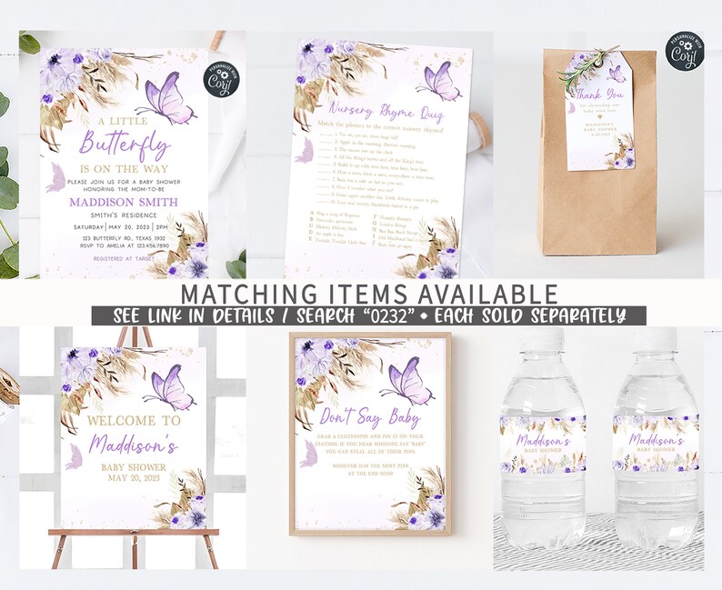 May include: A set of printable baby shower decorations featuring a purple butterfly and floral design. The set includes a welcome sign, a don't say baby sign, a nursery rhyme game, a water bottle label, and a thank you tag. The text on the welcome sign reads "Welcome to Maddison's Baby Shower May 20, 2023".