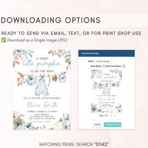 The image is a baby shower invitation featuring a sweet pumpkin theme.