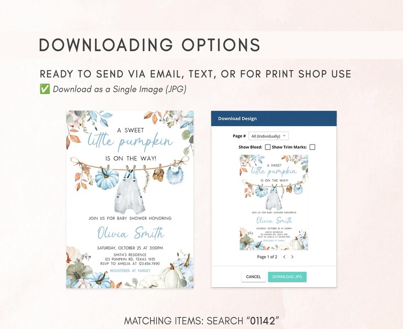 The image is a baby shower invitation featuring a sweet pumpkin theme.