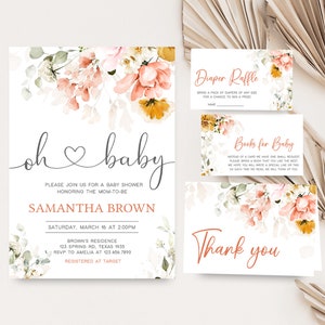 Editable Oh Baby Spring Baby Shower Invitation Bundle, Spring Flowers Baby Shower Invitation Set, Pink Floral Girl Baby Shower Invite, 0628 image 1
