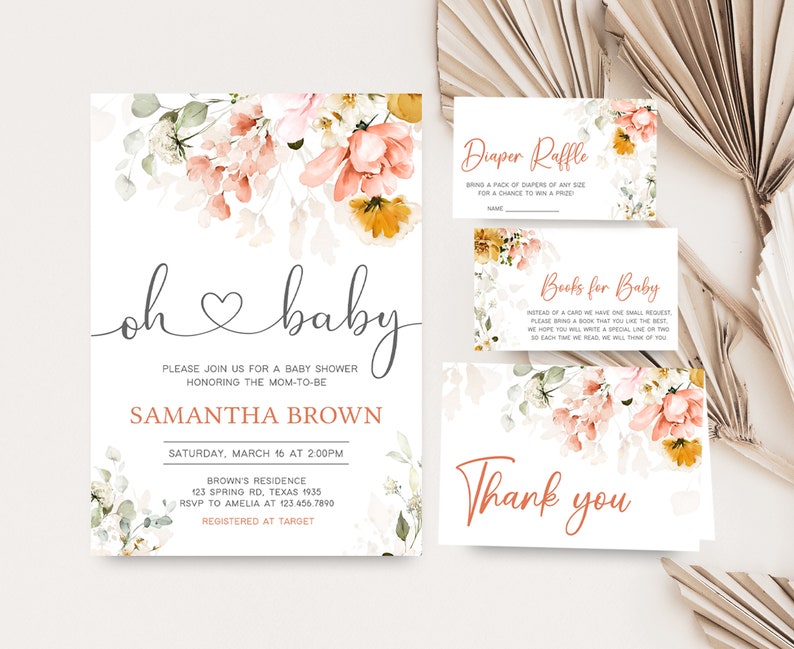 Editable Oh Baby Spring Baby Shower Invitation Bundle, Spring Flowers Baby Shower Invitation Set, Pink Floral Girl Baby Shower Invite, 0628 image 1