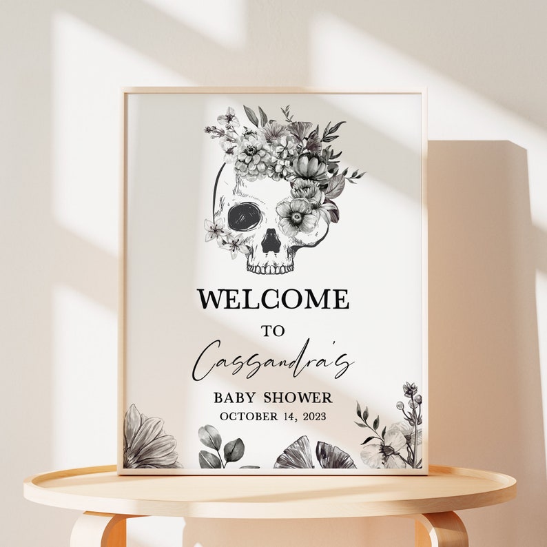 Editable Halloween Baby Shower Welcome Sign, Black Gothic Baby Shower Welcome Poster, Black Floral Skull Baby Shower Sign. A Little Boo 0432 image 1