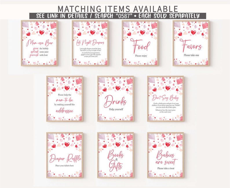 May include: Nine printable signs for a baby shower with a pink and red heart theme. The signs include "Mimosas Bar", "Late Night Diapers", "Food", "Favors", "Please help the mom-to-be by making yourself the addressee", "Drinks", "Don't Say Baby", "Diaper Raffle", "Books & Gifts", and "Babies are sweet".