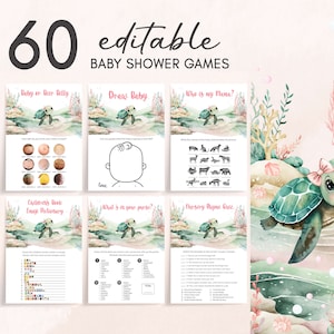 May include: A set of 60 printable baby shower games featuring a watercolor illustration of a turtle with a pink bow. The games include titles like "Baby or Beer Belly", "Draw Baby", "Who is my Mama?", "Children's Book Emoji Pictionary", "What's in your purse?", and "Nursery Rhyme Quiz".
