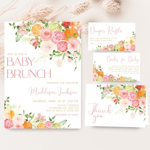 Editable Citrus Baby Brunch Baby Shower Invitation Bundle, Pink Floral Orange Citrus Baby Shower Invite Set, Girl Lemon Baby Shower, 0721