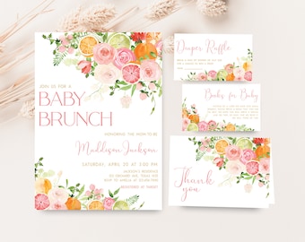 Editable Citrus Baby Brunch Baby Shower Invitation Bundle, Pink Floral Orange Citrus Baby Shower Invite Set, Girl Lemon Baby Shower, 0721