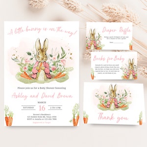 Editable Pink Peter Rabbit Baby Shower Invitation Bundle, Peter Rabbit Girl Baby Shower Invite Set, A Little Bunny Spring Baby Shower, 0626 image 1
