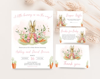 Pacchetto di invito per baby shower modificabile rosa Peter Rabbit, set di inviti per baby shower ragazza Peter Rabbit, un piccolo coniglietto Spring Baby Shower, 0626